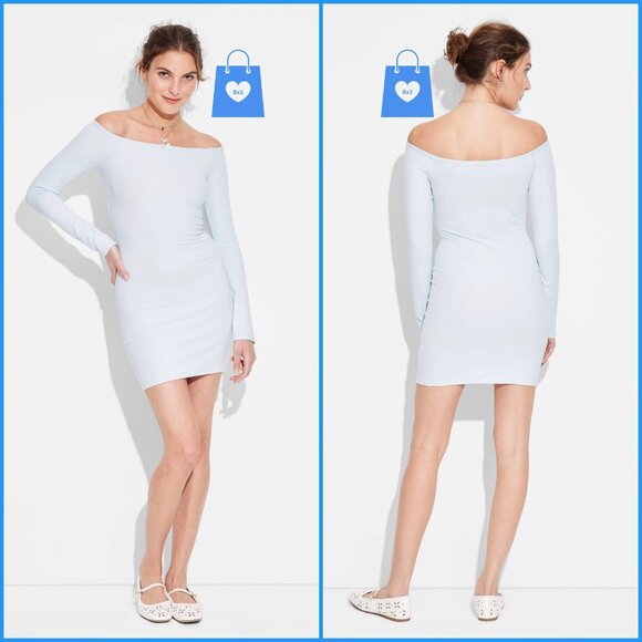 Medium - Womens Off the Shoulder Lace Trim Mini Bodycon Dress - Light Blue - Picture 1 of 6